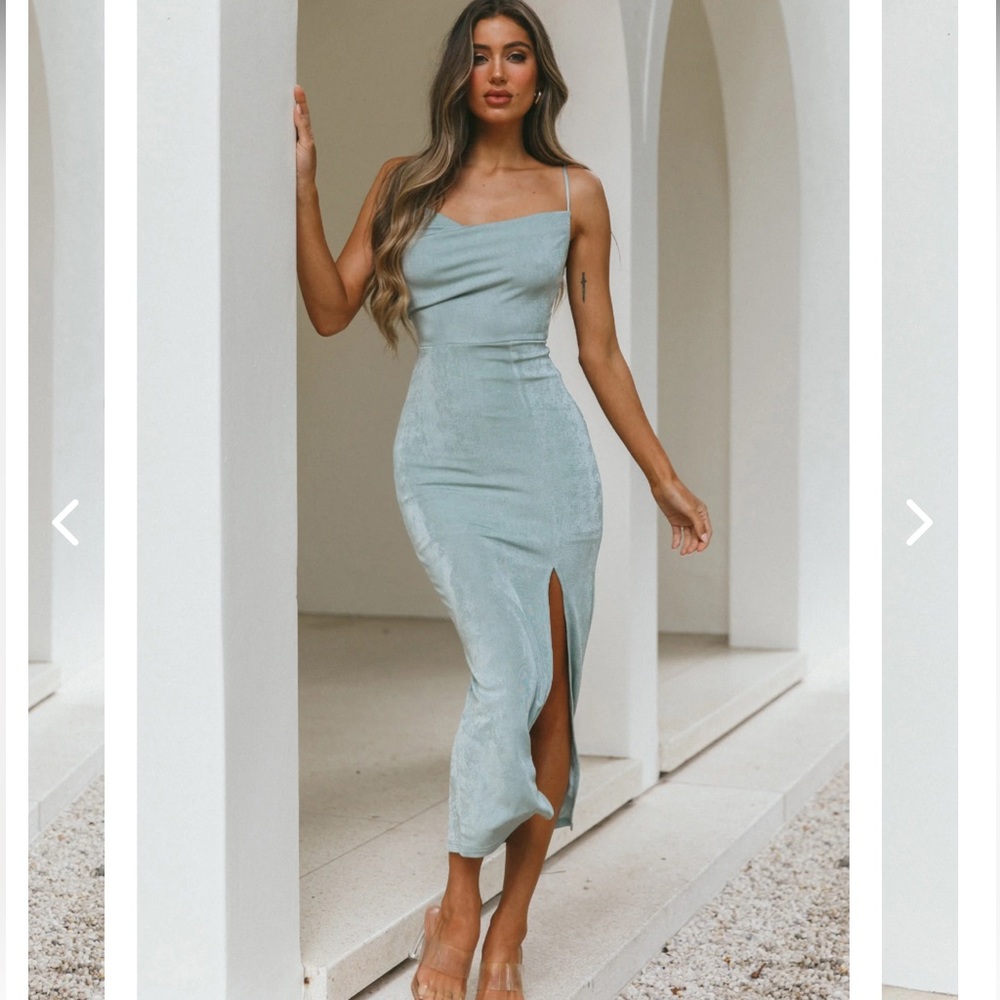 Selfie Leslie Sage Green Cowl Neck Midi Dress with Front Split